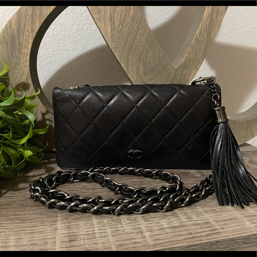 🇺🇸🖤⛓ Chanel Quilted Wallet Chain Revamp GUNMETAL Crossbody Rhodium